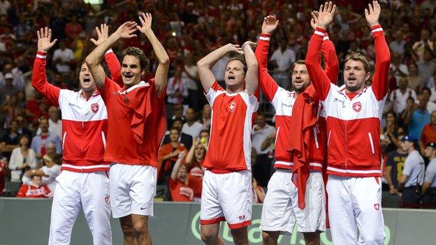 Switzerland celebrate after reaching the Davis Cup final