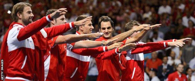 Switzerland celebrate after reaching the Davis Cup final