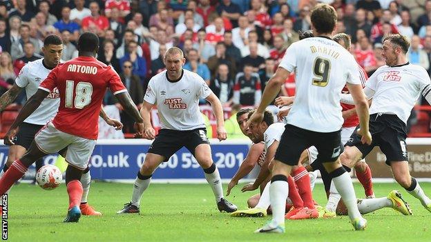 Ryan Shotton pokes the ball in for the Derby equaliser