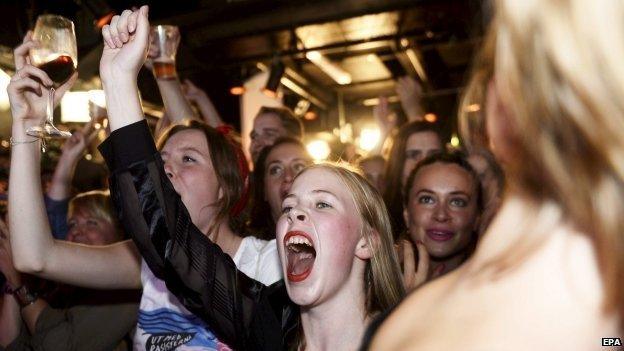 Supporters cheer at the election night party of the Feminist Initiative in Stockholm, Sweden on 14 September 2014.