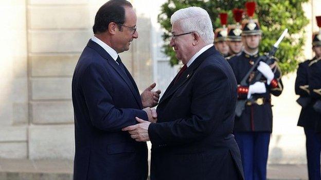 French President Francois Hollande, left, with Iraqi counterpart Fuad Masum in Paris. 15 Sept 2014