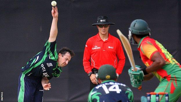 Alex Cusack bowling against Bangladesh in March