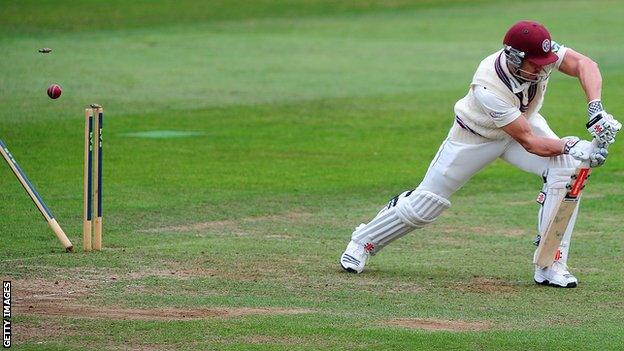 Nick Compton is bowled by Tim Murtagh