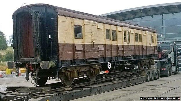 The carriage arrives at Shildon on the back of a low loader lorry