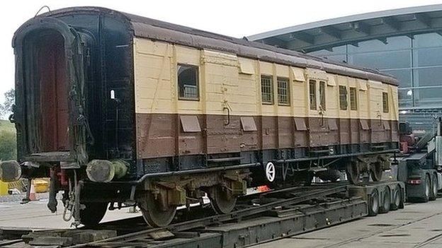 The carriage arrives at Shildon on the back of a low loader lorry