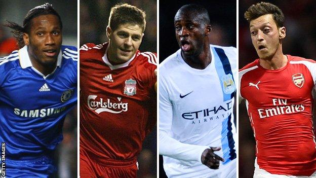 Didier Drogba, Steven Gerrard, Yaya Toure and Mesut Ozil