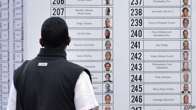 A man looks at the list of candidates for the up coming election in Suva, the capital of Fiji on 15 September 2014