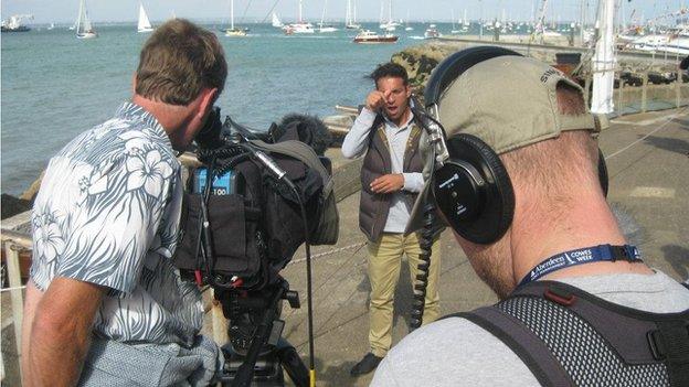 See Hear filming in the Isle of Wight. Can see the cameraman and soundman and the presenter Memnos