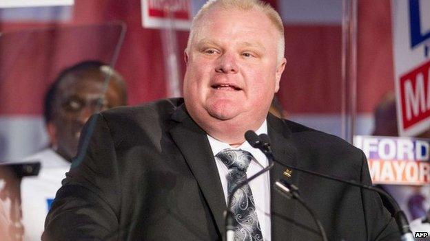 Toronto Mayor Rob Ford speaks during the kick off of his re-election campaign at a rally in the city's north end 17 April 2014