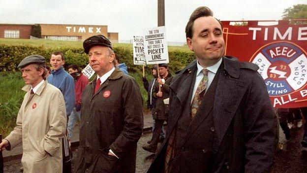 Alex Salmond and Arthur Scargill with striking Timex workers, 1993