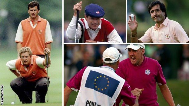 (from left, clockwise) Nick Faldo and Colin Montgomerie size up a putt, Tom Watson, Seve Ballesteros, Ian Poulter