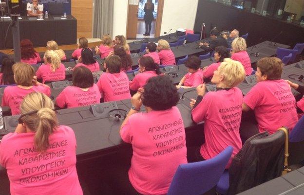 Greek cleaning ladies lobbying in Strasbourg