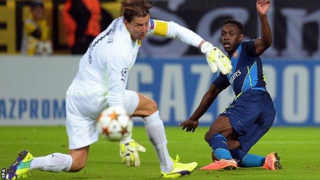 Arsenal striker Danny Welbeck in action against Borussia Dortmund