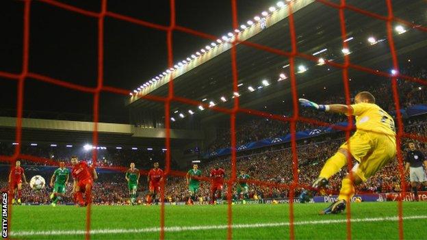 Steven Gerrard scores a late penalty against Ludogorets