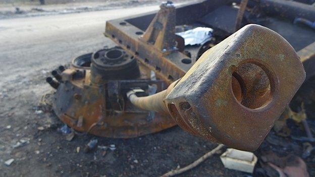 Remnants of destroyed Ukrainian army convoy near Lutuhyne on 16 September 2014