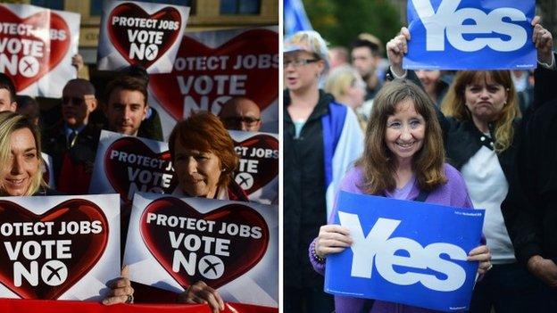 Yes and No campaigners hold placards at separate rallies