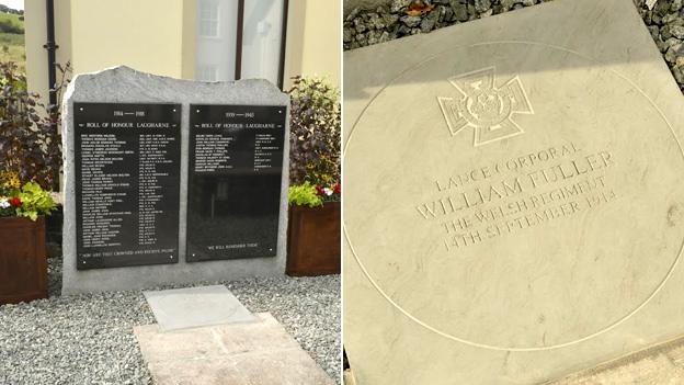 The paving stone (right) in front of the war memorial