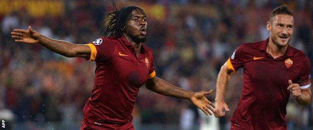 Roma striker Gervinho celebrates scoring against CSKA Moscow