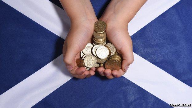 pound coins on Scottish Saltire