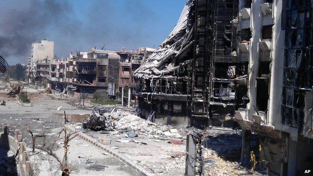 Damage from shelling in the Jurat al-Shayah neighbourhood, in Syria