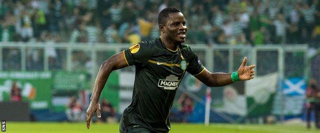 Mubarak Wakaso celebrates after scoring for Celtic against Red Bull Salzburg