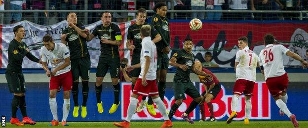 Jonathan Soriano scores for Red Bull Salzburg against Celtic