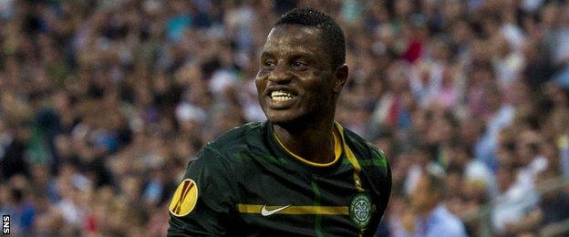 Wakaso Mubarak celebrates after opening the scoring for Celtic in Austria.