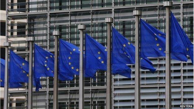 European flags are seen outside the European Commission headquarters in Brussels