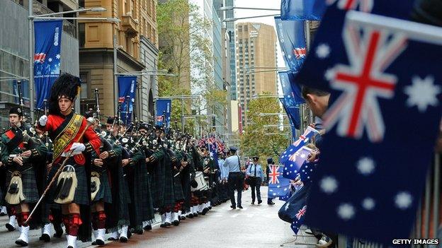 A Scottish highlands band marches in the 95th Anzac Day parade through Sydney on 25 April 2010.