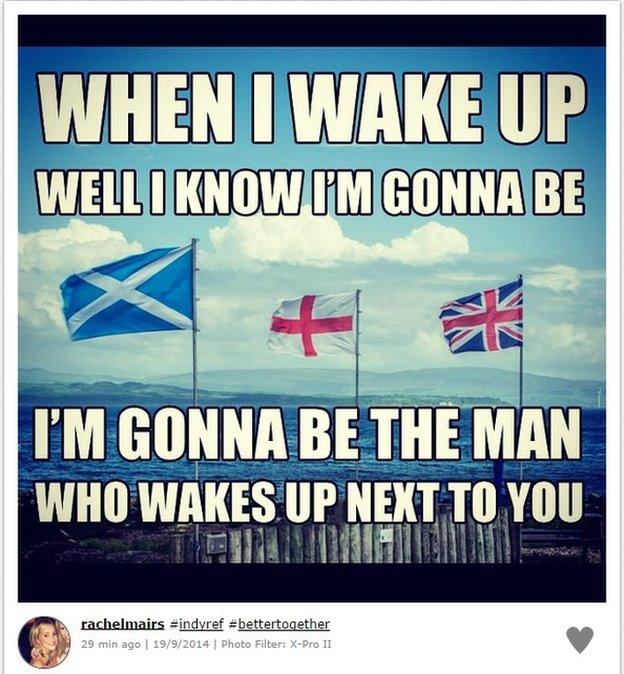 An Instagram picture reading "When I wake up, well I know I'm gonna be, I'm gonna be the man who wakes up next to you"