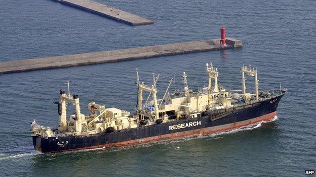 The Nisshin Maru, the mother ship of the research whaling fleet, leaving the port of Ishinomaki, Miyagi prefecture on April 1, 2011.