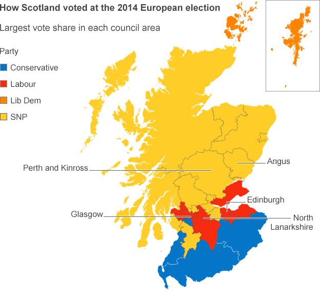 Largest vote share in the 2014 European election by council area