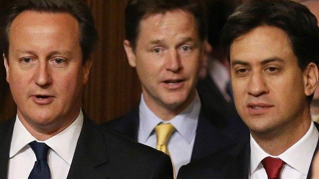 David Cameron, Nick Clegg and Ed Miliband