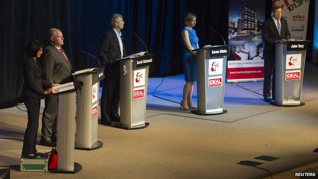 Rob Ford and the other mayoral candidates at a TV debate