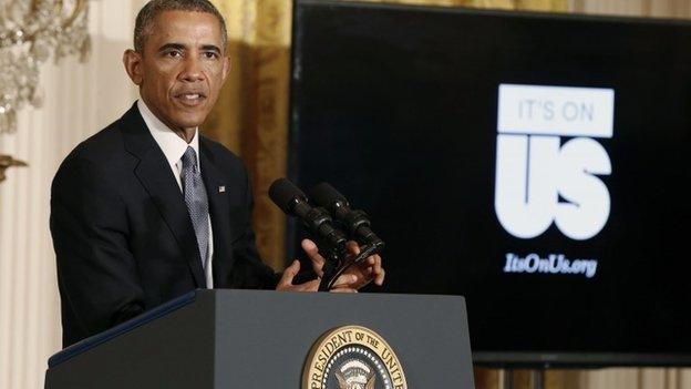 US President Barack Obama launches the "It"s On Us" campaign to help prevent sexual assault on school campuses while in the East Room at the White House in 19 September 2014