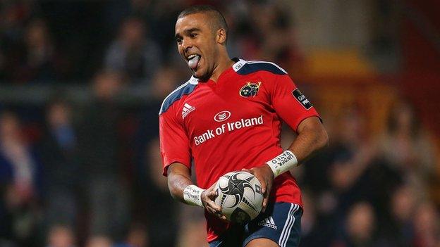 Simon Zebo shows his delight after one of his three Munster tries at Thomond Park