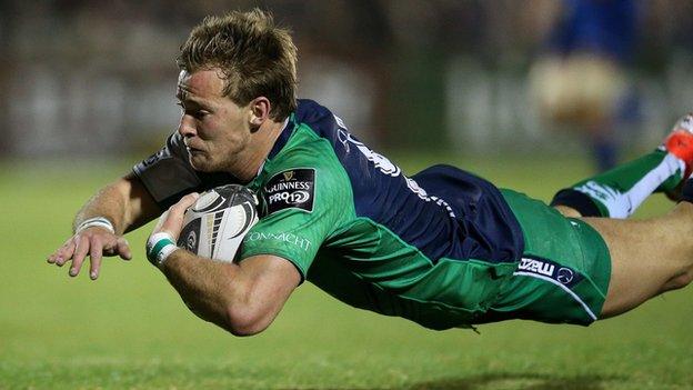 Connacht scrum-half Kieran Marmion dives over to score his try in Galway