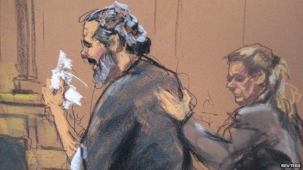 Egyptian Adel Abdul Bary, 54, is consoled as he wipes away tears while facing U.S. District Judge Lewis Kaplan (not pictured) in a Manhattan court in New York on September 19, 2014, in this courtroom sketch