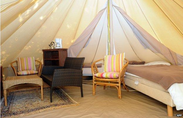 Inside a glamping tent