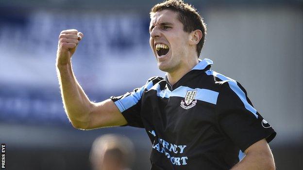 Gary Thompson celebrates scoring the opener against Coleraine