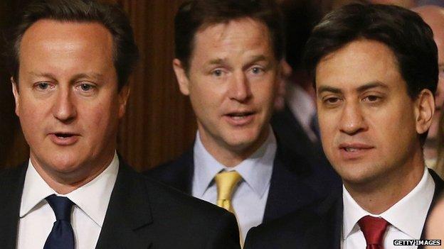 David Cameron, Nick Clegg and Ed Miliband