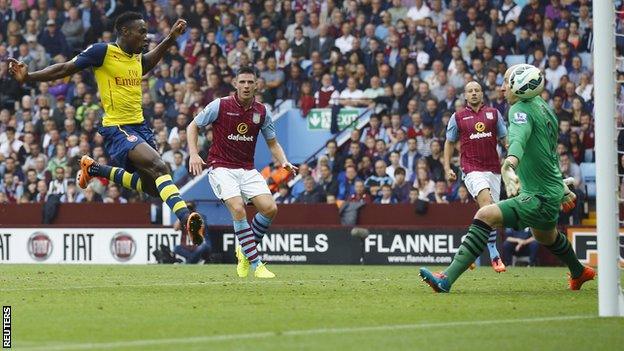 Arsenal striker Danny Welbeck scores his first goal for the club