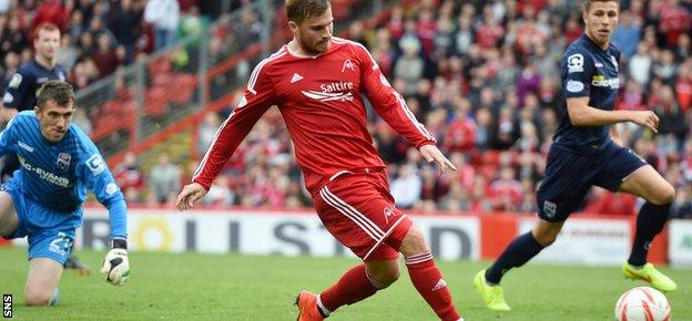 Aberdeen striker David Goodwillie hits the post after rounding County goalkeeper Mark Brown