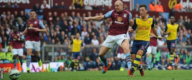 Arsenal playmaker Mesut Ozil scores against Aston Villa