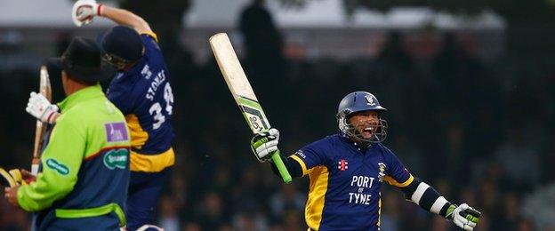 Gareth Breese of Durham celebrates winning the match after scoring the winning runs