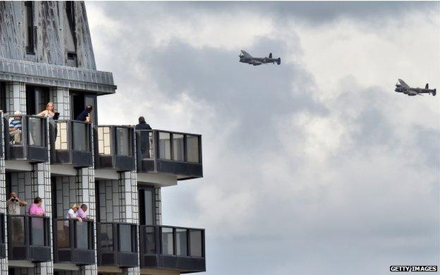 People watch the Lancasters from a balcony of the Eastbourne Centre