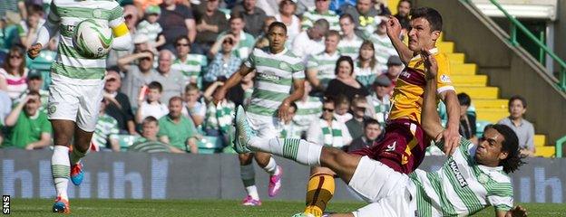 Motherwell striker John Sutton fires home to hand his side the lead at Celtic Park