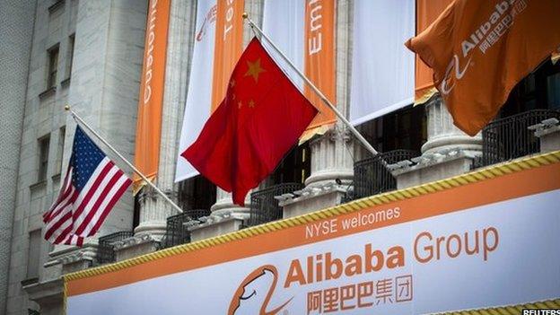 US, Chinese and Alibaba flags outside NYSE