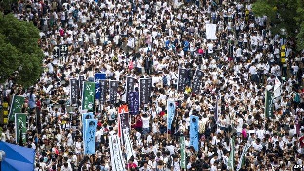 Students gather during a strike at the Chinese University of Hong Kong on 22 September 2014