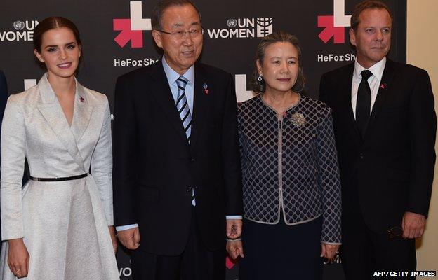 Emma Watson, Ban Ki-moon, Madam Yoo (Ban) Soon-taek, and Kiefer Sutherland